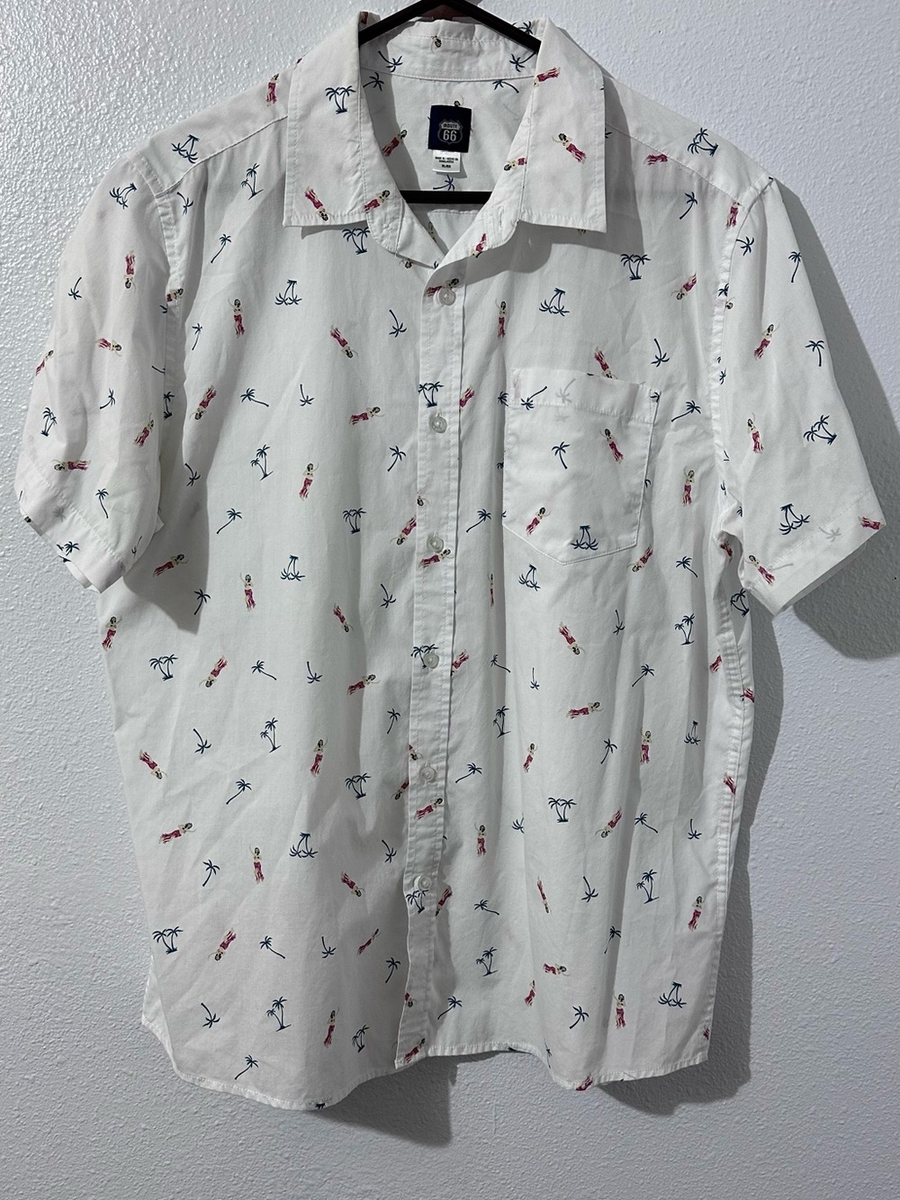 Route 66 White Short-Sleeve Button-Down Shirt with hula girl in palm trees